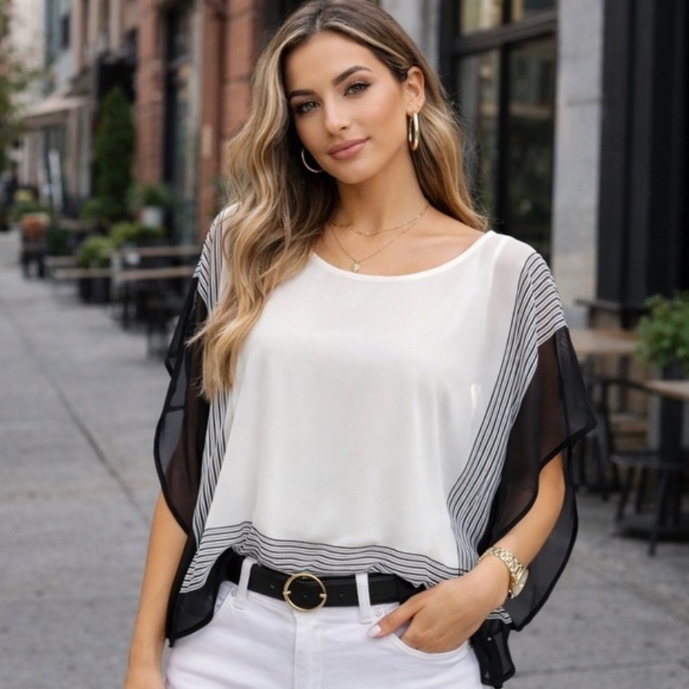 Ann Taylor Ivory Black Sheer Chiffon Overlay Blouse S Modern Chic Minimalist